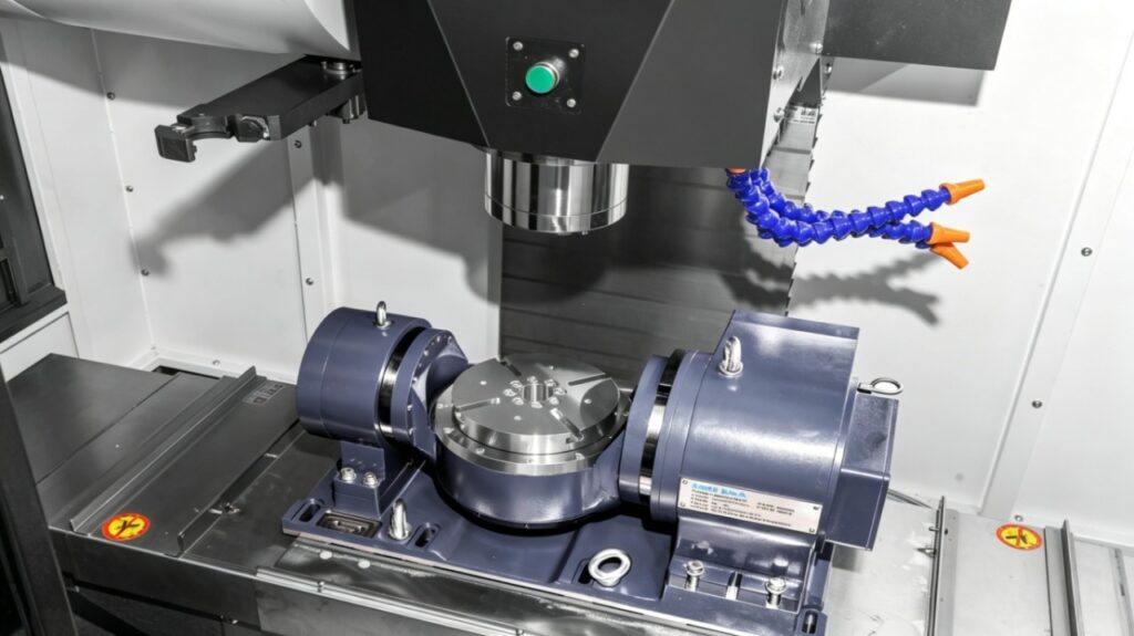 This A/C tilting rotary table 5-axis CNC machine is widely adopted for 3+2 axis indexed machining. The A and C rotary axes are rotated to target angles and locked rigidly during cutting, only X/Y/Z linear axes perform synchronized feeding, which ensures strong cutting rigidity and high processing stability.
